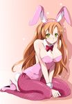  animal_ears bow bowtie breasts brown_hair bunny_ears bunnysuit cleavage code_geass fishnet_pantyhose fishnets green_eyes kneeling kurimomo large_breasts long_hair pantyhose shirley_fenette solo wrist_cuffs 