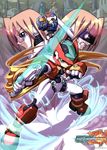  2boys aile artist_request blonde_hair blue_eyes dual_persona energy_sword girouette glasses green_eyes multiple_boys rockman rockman_zx sword vent weapon 