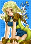  belt blonde_hair bodysuit bracelet braid female final_fantasy final_fantasy_xii halftone halftone_background jewelry long_hair minamino_kaoru open_mouth penelo solo tomygrave twin_braids yellow_eyes 