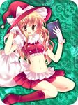  bad_id bad_pixiv_id banned_artist blonde_hair book boots brown_eyes christmas crop_top gloves hat kirisame_marisa long_hair midriff santa_hat skirt solo tepengu touhou white_gloves 