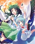  black_hair bloomers blue_eyes blue_hair bow brown_eyes cirno green_bow hair_bow long_hair mikagami_hiyori multiple_girls reiuji_utsuho short_hair touhou underwear wings 