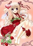  bad_id bad_pixiv_id blonde_hair boots dress food food_themed_clothes frills fruit hair_ribbon hazumi_rio heart legs long_hair original ribbon smile solo strawberry twintails 