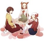  bad_id bad_pixiv_id bow brown_hair brown_ribbon dress erika_(pokemon) frown gym_leader hair_ornament hairclip hat hat_ribbon ikuryomaga japanese_clothes kimono kotone_(pokemon) looking_back mikan_(pokemon) multiple_girls open_mouth overalls pokemon pokemon_(game) pokemon_hgss ribbon sitting smile socks thighhighs twintails two_side_up 