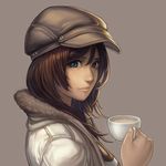  blue_eyes brown_hair coat cup face hat krenz lowres original solo tea 