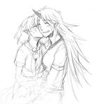  blush cheek_kiss closed_eyes embarrassed greyscale grin horn hoshiguma_yuugi kiss long_hair mizuhashi_parsee monochrome multiple_girls pointy_ears rex_k short_hair short_sleeves sketch smile sweatdrop touhou traditional_media yuri 