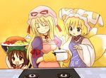  chen cooking eijima_moko family food happy hat multiple_girls ribbon smile touhou yakumo_ran yakumo_yukari 