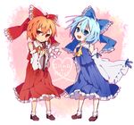  achi_cirno alternate_color alternate_element bad_id bad_pixiv_id blue21 blue_eyes blue_hair bow cirno cosplay detached_sleeves dual_persona gohei hair_bow hakurei_reimu hakurei_reimu_(cosplay) highres multiple_girls red_eyes red_hair short_hair touhou white_sleeves 