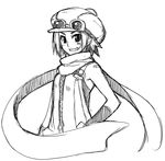  bandaid bandaid_on_face bandaid_on_shoulder goggles greyscale grin hand_in_pocket hat mafin monochrome original overalls rumie scarf short_hair simple_background sketch smile solo white_background 