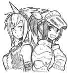  :&lt; armor back-to-back greyscale grin helm helmet hermitaur_(armor) horn kirin_(armor) long_hair monochrome monster_hunter multiple_girls rumie sketch smile 