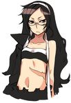  bandeau black_hair brown_eyes copyright_request flat_chest glasses hairband long_hair rumie scar serious solo strapless tattoo tubetop 