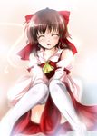  bad_id bad_pixiv_id blush brown_hair closed_eyes hakurei_reimu nanaume_(shichimi_tougarashi) ribbon solo thighhighs touhou 