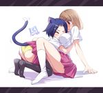  ass between_breasts blue_hair blush breasts brown_hair cat_ears cat_girl cat_tail catgirl fukuji_mihoko hug huge_ass ikeda_kana neko nekomimi panties saki short_hair tail_lift thigh-highs thighhighs underwear yellow_panties yuri 