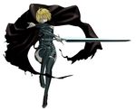  blonde_hair cape clare_(claymore) claymore claymore_(sword) detached_sleeves legs lips s_kengo short_hair silver_eyes simple_background solo sword thighhighs weapon 