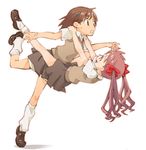  :d blush bow brown_eyes brown_hair curly_hair falling hair_bow hair_ornament hairclip happy hug legs loafers long_hair loose_socks misaka_mikoto multiple_girls nse open_mouth school_uniform shirai_kuroko shoes short_hair simple_background skirt smile socks standing standing_on_one_leg sweatdrop sweater tiptoes to_aru_kagaku_no_railgun to_aru_majutsu_no_index twintails white_background 