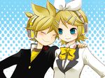  1girl bad_id bad_pixiv_id blonde_hair blue_eyes brother_and_sister closed_eyes hair_ornament hair_ribbon hairclip headphones kagamine_len kagamine_rin ribbon sana_(memechi) short_hair siblings smile twins vocaloid 