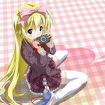  blonde_hair blue_eyes blush bow earphones frills hair_bow handheld_game_console long_hair nekogoro playing_games playstation_portable school_uniform seitokai_no_ichizon shiina_mafuyu solo thighhighs very_long_hair white_legwear zettai_ryouiki 