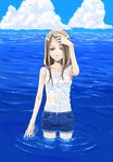  brown_eyes brown_hair copyright_request long_hair morihito ocean shorts solo water wet wet_clothes wet_hair 