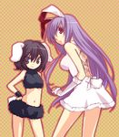  akr_et alternate_color alternate_costume animal_ears backless_dress backless_outfit bad_id bad_pixiv_id bare_shoulders black_hair breasts bunny_ears bunny_tail detached_sleeves dress inaba_tewi large_breasts long_hair looking_back medium_breasts midriff multiple_girls navel purple_hair red_eyes reisen_udongein_inaba smile smirk tail touhou white_dress 