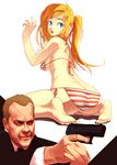  1girl 24 ass barefoot bikini blonde_hair blue_eyes breasts butt_crack cameltoe feet gun hair_ornament hairclip hands highres jack_bauer kiefer_sutherland kurohachi large_breasts long_hair looking_back open_mouth ponytail side-tie_bikini soles striped striped_bikini swimsuit toes trefoil weapon what 