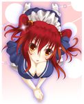  breasts cleavage fuyuno_taka hair_bobbles hair_ornament highres large_breasts onozuka_komachi red_eyes red_hair short_hair solo touhou two_side_up 