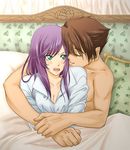  1boy 1girl 9646emily bed breasts brown_hair butz_klauser cleavage couple eyes_closed faris_scherwiz female final_fantasy final_fantasy_v green_eyes long_hair male open_mouth purple_hair shirt short_hair 