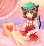  :3 animal_ears bed bow brown_hair cat_ears cat_tail chen earrings frilled_pillow frills hat jewelry light_particles looking_at_viewer mauve multiple_tails pillow solo sparkle tail touhou yellow_eyes 