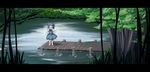  ^_^ arcadia090 arms_behind_back blue_hair bow cirno closed_eyes dock dress forest hair_bow happy highres letterboxed nature open_mouth ribbon short_hair smile solo standing touhou water wings 