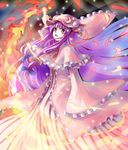 bad_id bad_pixiv_id bow danmaku fire hair_bow hat long_hair patchouli_knowledge pointing purple_eyes purple_hair ribbon robe sleeves_past_wrists solo striped touhou very_long_hair vetina wide_sleeves 