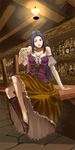  alcohol arm_support bar bare_shoulders barefoot barmaid beer blue_eyes blue_hair boots breasts cleavage corset crossed_legs dragon_quest dragon_quest_ix large_breasts legs long_hair ruida s_kengo shoes single_shoe sitting smile solo 