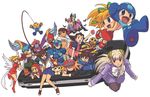  6+girls anakaris angel_wings animal_print artist_request bat_print blonde_hair blue_sailor_collar breath_of_fire breath_of_fire_iii bulleta capcom capcom_fighting_jam company_connection crossover data_(rockman_dash) everyone hairpods handheld_game_console ingrid kasugano_sakura kobun lei_lei lilith_aensland morrigan_aensland multiple_boys multiple_girls nina_(breath_of_fire_iii) pantyhose playstation_portable print_legwear rockman rockman_(character) rockman_(classic) rockman_dash rockman_x roll ryuu_(breath_of_fire_iii) ryuu_(street_fighter) sailor_collar short_hair street_fighter tron_bonne vampire_(game) white_background white_wings wings zero_(rockman) 