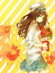  bad_id bad_pixiv_id beret blush bouquet brown_hair copyright_request flower green_eyes hat long_hair pleated_skirt retei rose skirt smile solo sunflower 