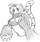  :&lt; animal_ears blush breasts fang greyscale large_breasts long_hair midriff monochrome monster_girl original rumie sketch solo tail 