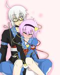  1girl blush closed_eyes cosplay embarrassed glasses hairband heart hetero komeiji_satori morichika_rinnosuke morichika_rinnosuke_(cosplay) pink_hair sag_(karehabase) short_hair silver_hair sitting sitting_on_lap sitting_on_person surprised touhou v_arms 