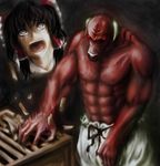  1girl azzie_(az_man_studios) box donation_box glowing glowing_eyes hakurei_reimu horns minotaur muscle red_eyes tears touhou what 