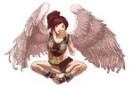  aion angel_wings breasts brown_hair elyos feet food fruit large_breasts long_hair midriff navel orange ponytail red_eyes s_kengo simple_background sitting solo toes wings 