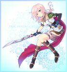  blue_eyes boots cape final_fantasy final_fantasy_xiii fingerless_gloves gloves lightning_farron miniskirt pink_hair skirt solo soukuu_kizuna sword thigh_strap weapon 