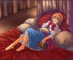  alice_margatroid barefoot bed blonde_hair blue_eyes book feet frilled_pillow frills hairband hakui_ami hands holding lips looking_at_viewer lying md5_mismatch on_back pillow short_hair solo touhou 