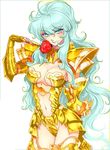 1girl armor blue_hair breasts cute flower genderswap gold_armor green_eyes green_hair knight lips lipstick long_hair lowres makeup pisces_aphrodite rose saint_seiya sexy solo thighs zodiac 
