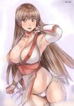  armpits breasts brown_eyes brown_hair cleavage dead_or_alive gauntlets kasumi_(doa) large_breasts lips long_hair panties pelvic_curtain side-tie_panties solo thighhighs underwear very_long_hair zenkou 