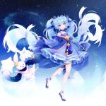  1girl 1other aqua_hair blue_dress blue_eyes blue_ribbon blush collarbone constellation_print detached_sleeves dress fingerless_gloves gloves hair_ribbon hatsune_miku hebeowo holding holding_wand long_hair long_sleeves looking_at_viewer musical_note musical_note_print musical_staff musical_staff_print official_alternate_costume official_alternate_hairstyle open_mouth rabbit rabbit_yukine ribbon smile twintails very_long_hair vocaloid wand wide_sleeves yuki_miku yuki_miku_(2017) 