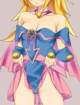  bare_shoulders blonde_hair blush breasts cleavage close-up collarbone dark_magician_girl duel_monster gauntlets hexagram highres jewelry long_hair medium_breasts necklace open_mouth shirt skirt skirt_lift solo strapless yuu-gi-ou yuu-gi-ou_duel_monsters zuttokodomo 