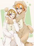  ;d bad_id bad_twitter_id barefoot bespectacled blue_eyes brown_hair buttons costume glasses green_background hair_between_eyes highres hug hug_from_behind koizumi_hanayo kousaka_honoka long_sleeves looking_at_viewer love_live! love_live!_school_idol_project multiple_girls one_eye_closed open_mouth orange_hair pajamas purple_eyes shiina_kuro short_hair sitting smile 