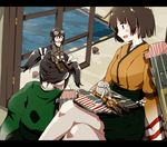  any_(lucky_denver_mint) black_hair brown_hair fairy_(kantai_collection) goggles goggles_on_head goggles_on_headwear hiryuu_(kantai_collection) japanese_clothes kantai_collection multiple_girls open_mouth ryuusei_(kantai_collection) short_hair sitting sitting_on_head sitting_on_person souryuu_(kantai_collection) twintails water white_hair window 
