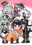  1boy 3girls ^_^ absurdres alexandrina_sebastiane anastella_(zenless_zone_zero) andii_(anzai_teachco) bad_food bangboo_(zenless_zone_zero) black_hair black_vest blush candle chibi chibi_only clenched_hands closed_eyes commentary_request corin_wickes costume drusilla_(zenless_zone_zero) ellen_joe food furry furry_male green_hair grey_hair hair_between_eyes hand_on_another's_head hat highres long_hair maid mole mole_under_eye multiple_girls open_mouth party_hat red_eyes shirt smile standing translation_request tray twintails vest von_lycaon white_shirt wolf_boy zenless_zone_zero 