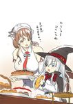  bare_shoulders basket blue_eyes bread breasts brown_eyes brown_hair cake commentary_request eating food food_on_face hammer_and_sickle hat hibiki_(kantai_collection) kantai_collection large_breasts littorio_(kantai_collection) makishima_azusa multiple_girls open_mouth star translation_request verniy_(kantai_collection) white_hair witch_hat 