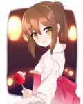  brown_eyes brown_hair candy_apple food inazuma_(kantai_collection) japanese_clothes kantai_collection kimono long_hair open_mouth ponytail rateratte smile solo yukata 