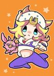  1boy absurdres blonde_hair blue_eyes chibi chibi_only closed_mouth colored_skin commentary frown hat highres hood hood_down hoodie horseshoe_hat_ornament horseshoe_ornament johnny_joestar jojo_no_kimyou_na_bouken jojo_pose looking_at_viewer m_a_a_m_8 male_focus medium_hair navel orange_background pants pink_skin purple_pants red_sleeves short_sleeves stand_(jojo) star_(symbol) star_print steel_ball_run symbol-only_commentary tusk_(stand) tusk_act1 two-tone_sleeves white_hat white_hoodie white_sleeves 