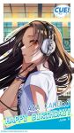  1girl bag black_hair blurry blurry_background breasts brown_eyes character_name cue! dated english_text from_side hand_on_own_ear happy_birthday headphones highres holding holding_bag indoors kamuro_aya looking_at_viewer medium_breasts official_art open_mouth parted_bangs shirako_miso shirt short_sleeves solo t-shirt tented_shirt upper_body white_bag 