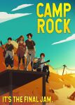  1girl 3boys alternate_costume alternate_universe camp_rock cloud copyright_name drawfee full_body guitar instrument jason_gray karina_farek mad_max mitchie_torres multiple_boys nate_gray outdoors shane_gray 