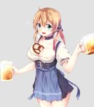  :d anchor_hair_ornament apron bad_id bad_pixiv_id beer_mug between_breasts blonde_hair blue_apron breasts choker cleavage collarbone cup dirndl food fuuen_(akagaminanoka) german_clothes hair_ornament highres holding holding_cup kantai_collection large_breasts open_mouth pretzel prinz_eugen_(kantai_collection) puffy_short_sleeves puffy_sleeves short_sleeves smile solo twintails underbust waist_apron 